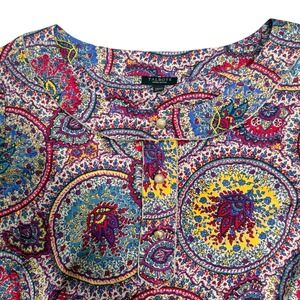 Talbots Woman Petites 14WP Medallion Paisley Cotton Blouse Gold Trim Multi Color
